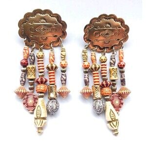 Vintage HAND CRAFTED Native American Navajo Beaded Dangle Concho Stud Earrings